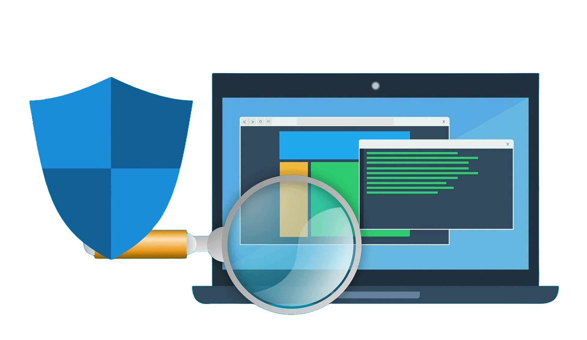 A laptop with a shield beside